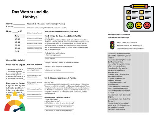 Hobbies & Weather (German) – Assessment, Mark Scheme & Self Assessment