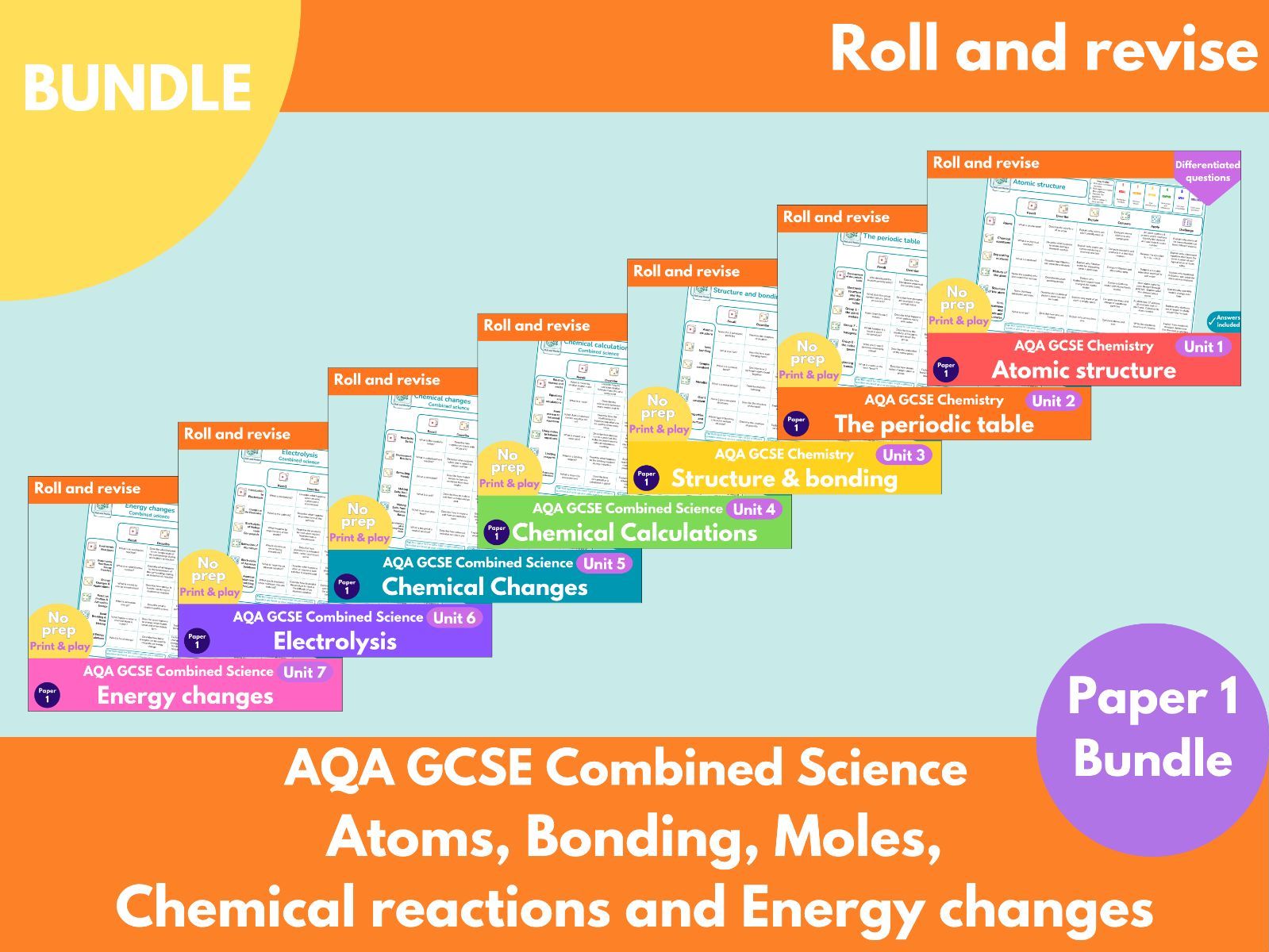 AQA GCSE Combined Science Chemistry Paper 1 Units 1-7 Dice Retrieval Game Bundle | GCSE Chemistry