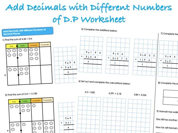 Decimals Worksheet - Add Decimals with Different Numbers of Decimal Places