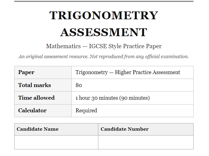 IGCSE-Style Mathematics – Trigonometry Practice Worksheet | Questions + Full Mark Scheme