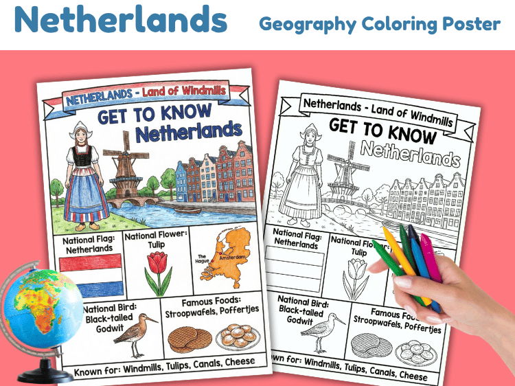Netherlands Geography Coloring Poster | Country Facts Worksheet