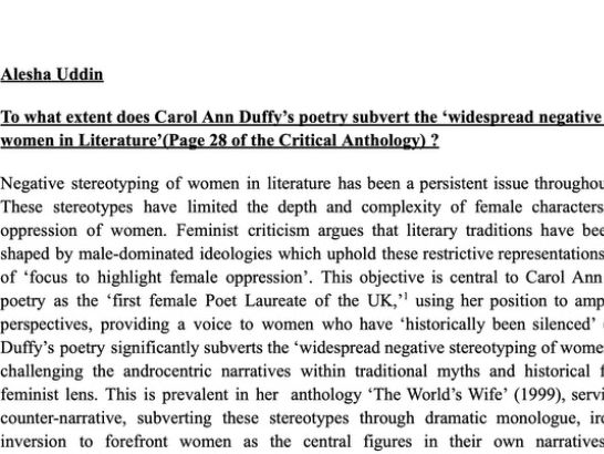 AQA A Level English Lit B A* 25/25 Poetry NEA essay/coursework Carol Ann Duffy
