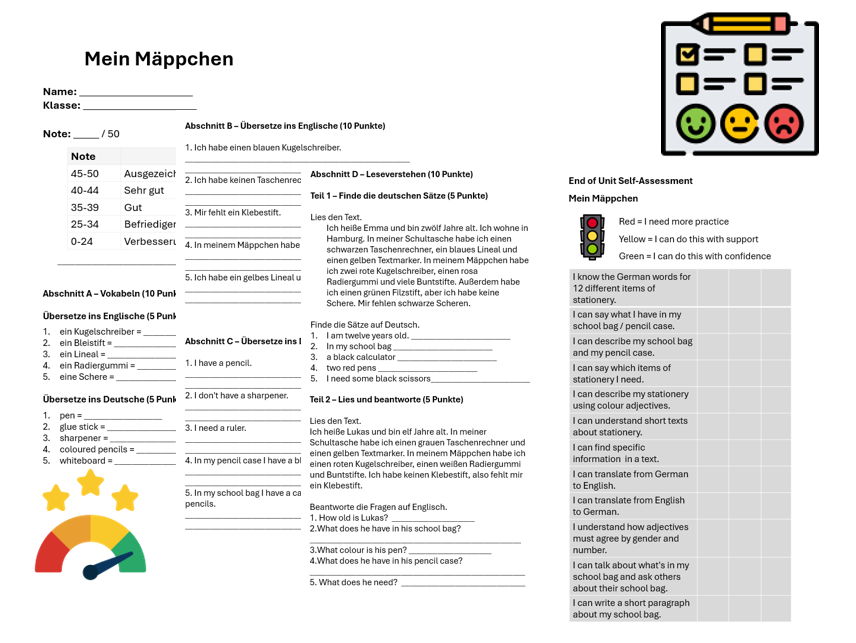 Pencil Case (German) – Assessment, Mark Scheme & Self Assessment