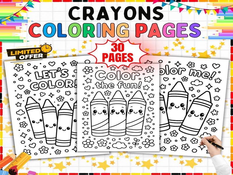 Crayon Coloring Sheets | 30 Page Coloring Sheets | Cute School Supplies and Art