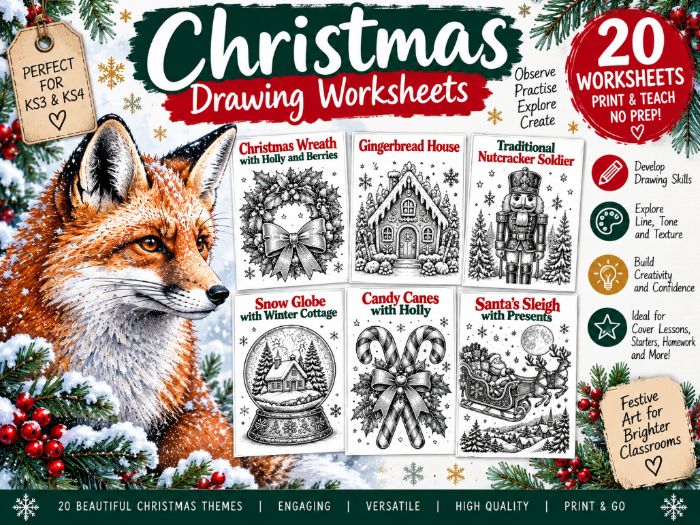 Christmas Ink Drawing Worksheets | 20 Festive Art Activities | KS3 & KS4 | Shading, Line & Texture