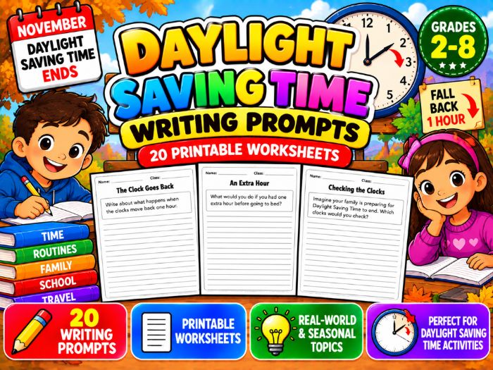 Daylight Saving Time Writing Prompts | 20 Printable Worksheets