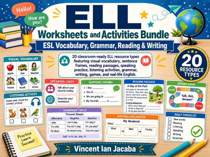 ESL ELL Worksheets & Activities Bundle | Vocabulary, Grammar, Reading, Writing & Speaking