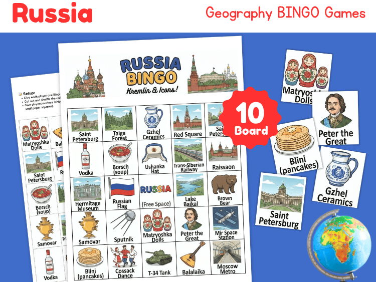 Russia Geography Bingo Game | Country Study Printable