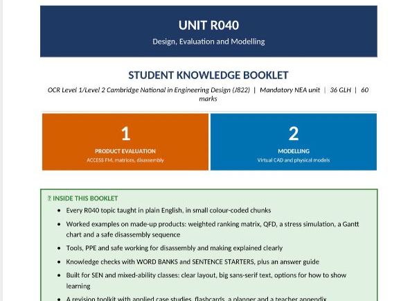 R040 Design, evaluation and modellinbooklet 54 pages in Word, for the Engineering Design (J822)