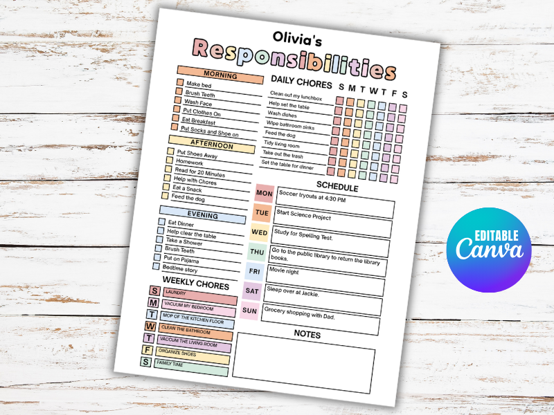 Editable Responsibility Chore Chart, Daily & Weekly Checklist, Daily Routine