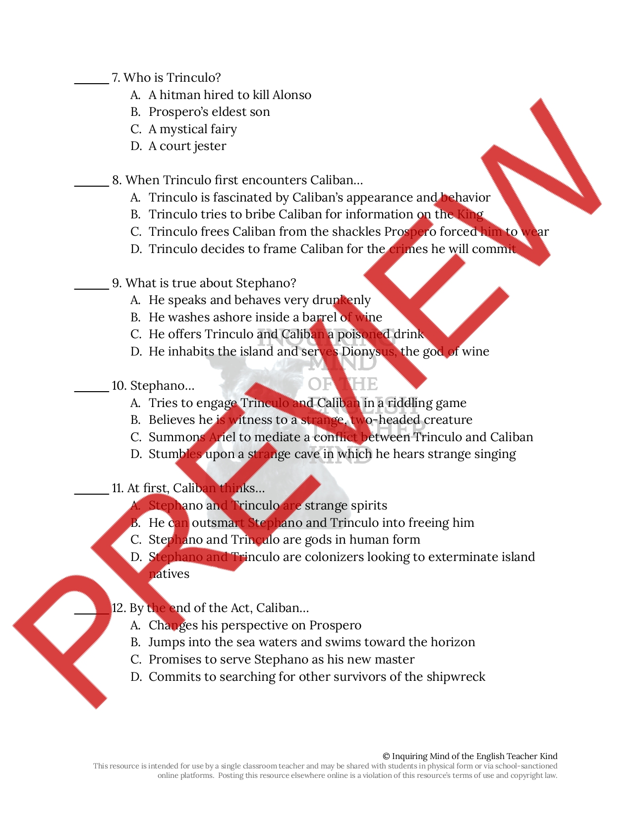 The Tempest Act 2 Quiz and Key Teaching Resources