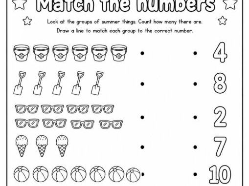 KS1 Math 1-10 Number Matching Summer theme Colouring Worksheet
