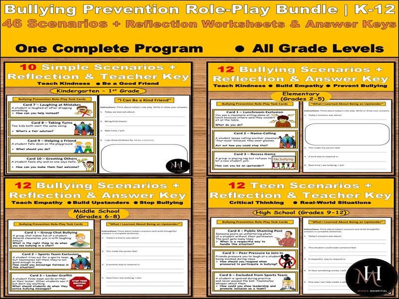 Bullying Prevention Role-Play Cards Bundle | Kindergarten-12 SEL Activities | Anti-Bullying