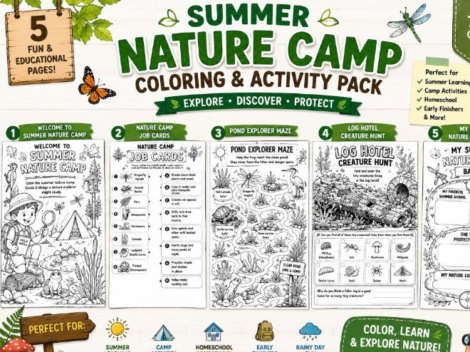 Summer Nature Camp Coloring Pages and Activities | Nature Explorer Worksheets Pack 2