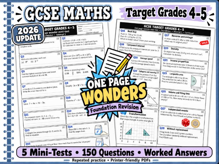 GCSE Maths Foundation Revision – 5 Mini Tests with Worked Answers | Grades 4–5