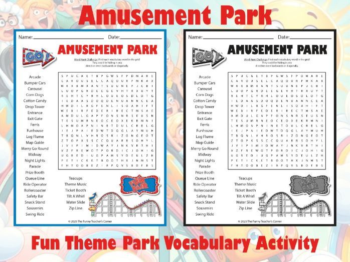 Amusement Park Word Search | Fun Theme Park Vocabulary Activity | Grades 3–6
