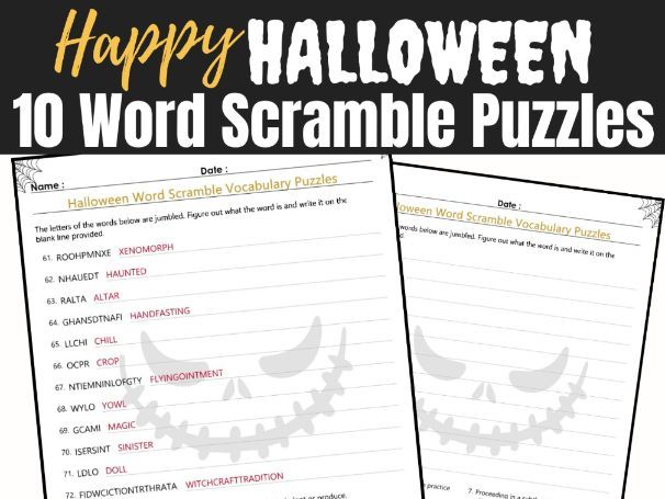 Halloween Word Scramble Puzzle Bundle 10 Worksheets – Printable Spooky Vocabulary Activity