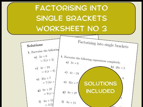 Factorising into single brackets worksheet no 3 (with answers)