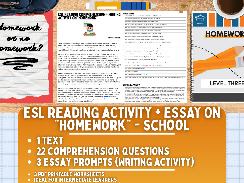 ESL Reading Comprehension + Writing Activity Worksheets on Homework - School
