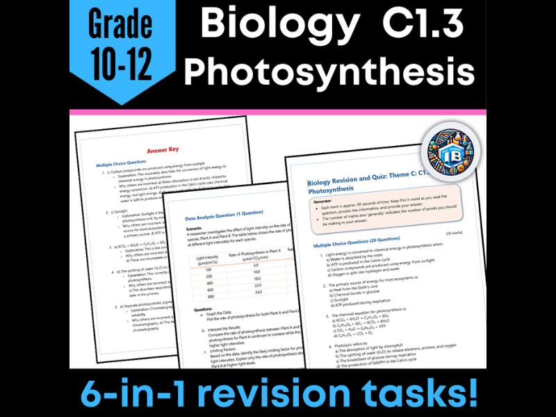 IB DP Biology C1.3 Photosynthesis Quiz and Revision Worksheets 2026