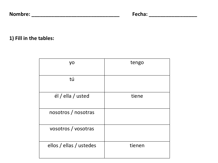 TENER Conjugation Worksheets | Present Tense