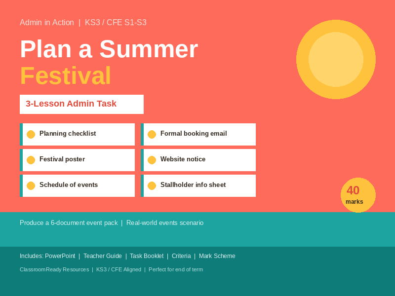 KS3 / CFE Admin & IT — Plan a Summer Festival | 3-Lesson Document Production Task | End of Term Proj
