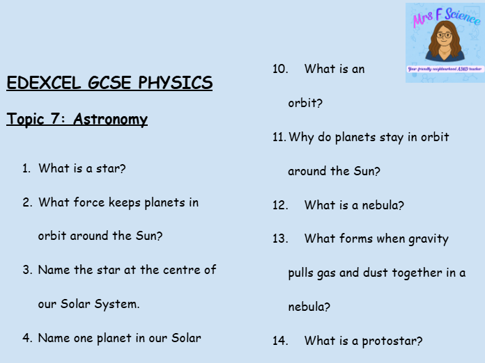 Astronomy – Topic 7 GCSE Physics Retrieval Questions | Edexcel