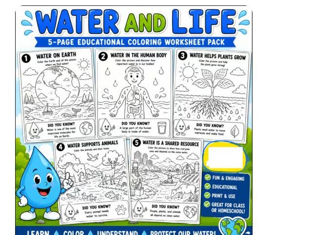 Water and Life | 5-Page Educational Coloring Worksheet Pack | Environmental pack (K-grade 4)