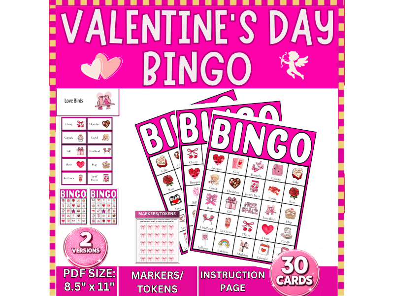 Valentines Day BINGO, Valentine's Party Game {30 Unique Cards, Calling Cards, Tokens}
