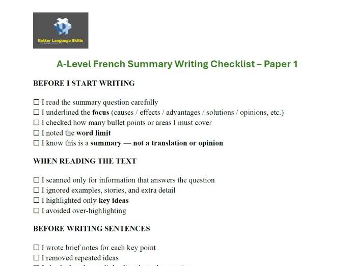 Summary Writing Checklist for French A-Level Paper 1