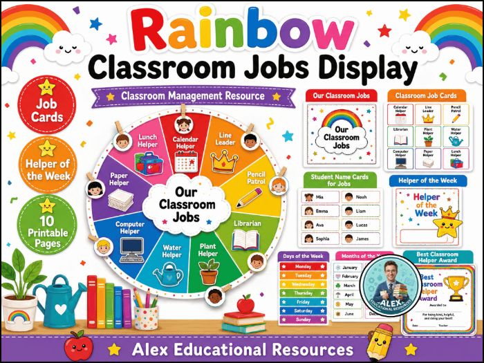 Rainbow Classroom Jobs Display | Classroom Job Cards | Helper of the Week Board