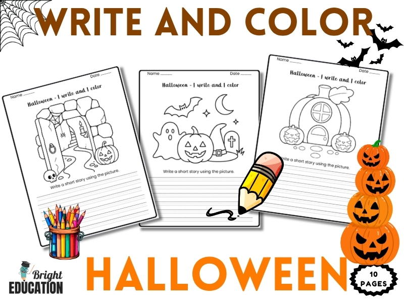 Halloween Write & Color Worksheets | Halloween Story Writing Prompts & Coloring Activities
