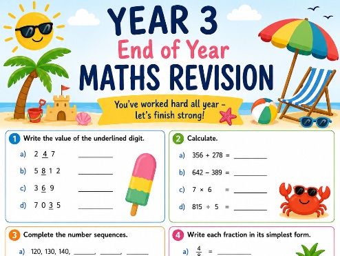 Year 3 End of Year Maths Revision Worksheet | Summer-Themed Maths Activity | KS2 Printable PDF