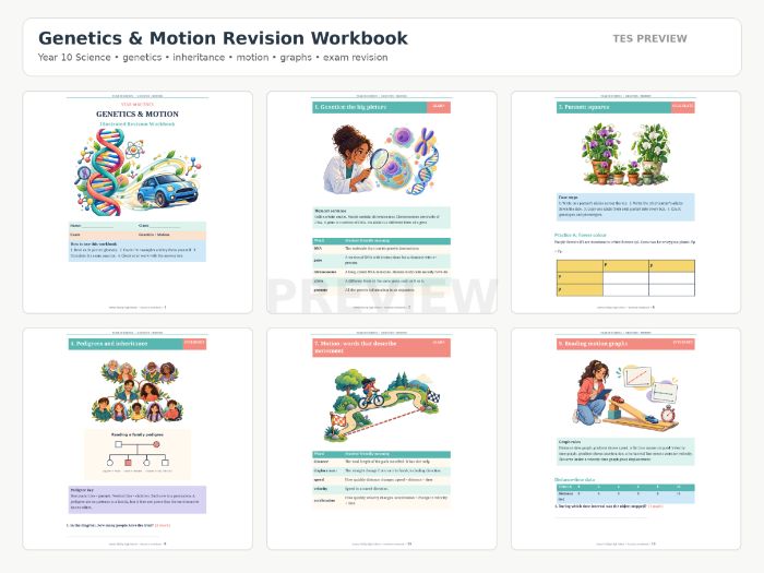 Year 10 Genetics and Motion Revision Workbook | KS4 Science | EAL and SEND Friendly