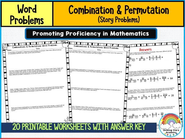 Combination and Permutation Word Problems Worksheets | Counting Principles | Probability and Statist