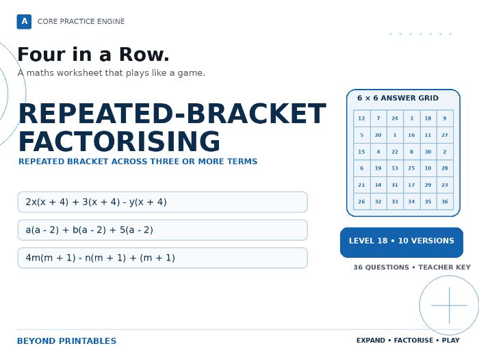 Repeated-Bracket Factorising Four in a Row : Level 18 | 10 Maths Games