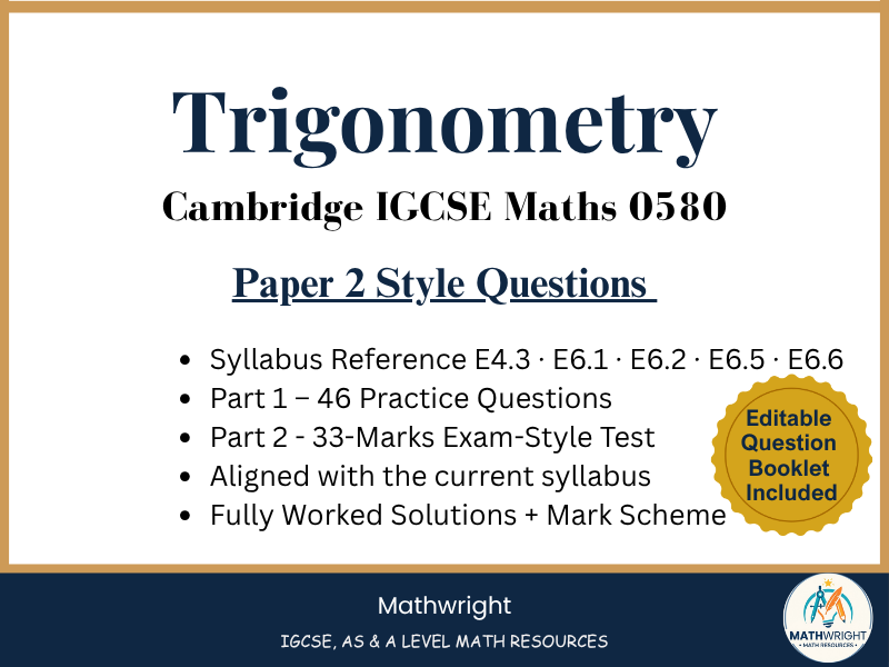 IGCSE Maths 0580 Trigonometry Paper 2, Non-Calculator, Practice and Exam Style Test