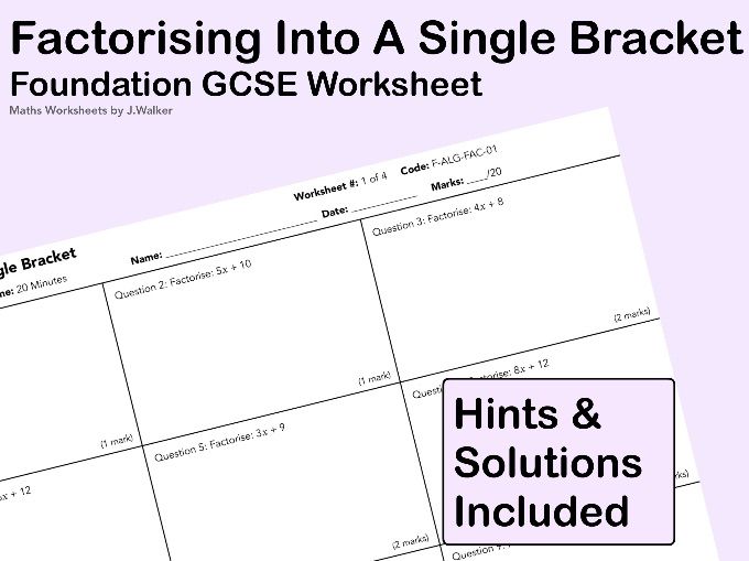 GCSE Maths Worksheet: Factorising Into Single Brackets - Foundation Tier