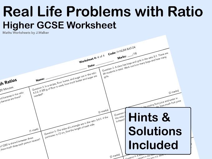 GCSE Maths Worksheet: Real Life Problems with Ratio - Higher Tier