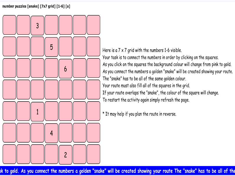 number puzzles [snake] [7x7 grid] [1-6] [a]
