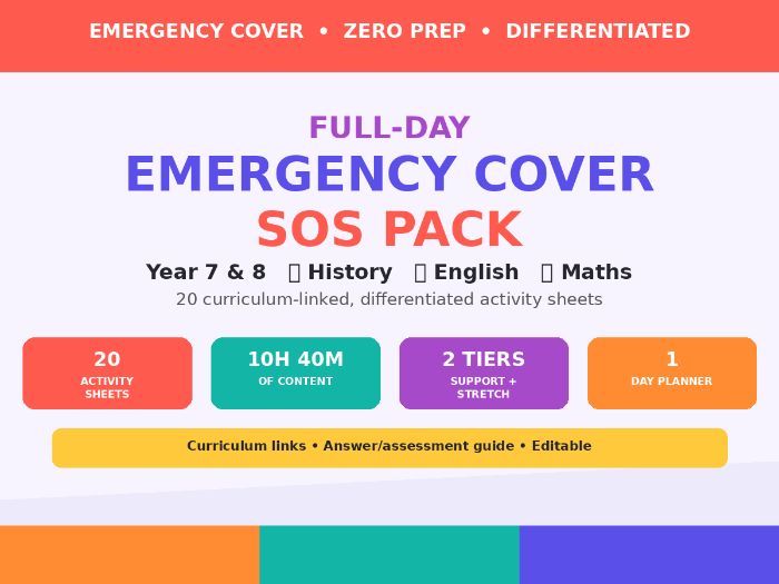Full-Day Emergency Cover Pack — Year 7 & 8 (History, English & Maths)