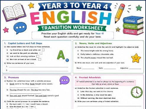 Year 3 to Year 4 English Transition Worksheet | Grammar, Punctuation, Spelling & Writing | KS2