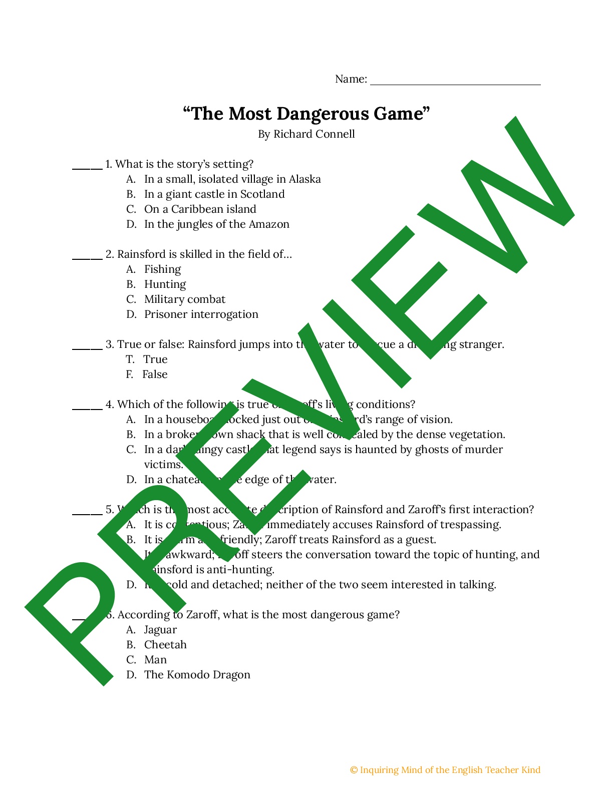 Most Dangerous Game Worksheets