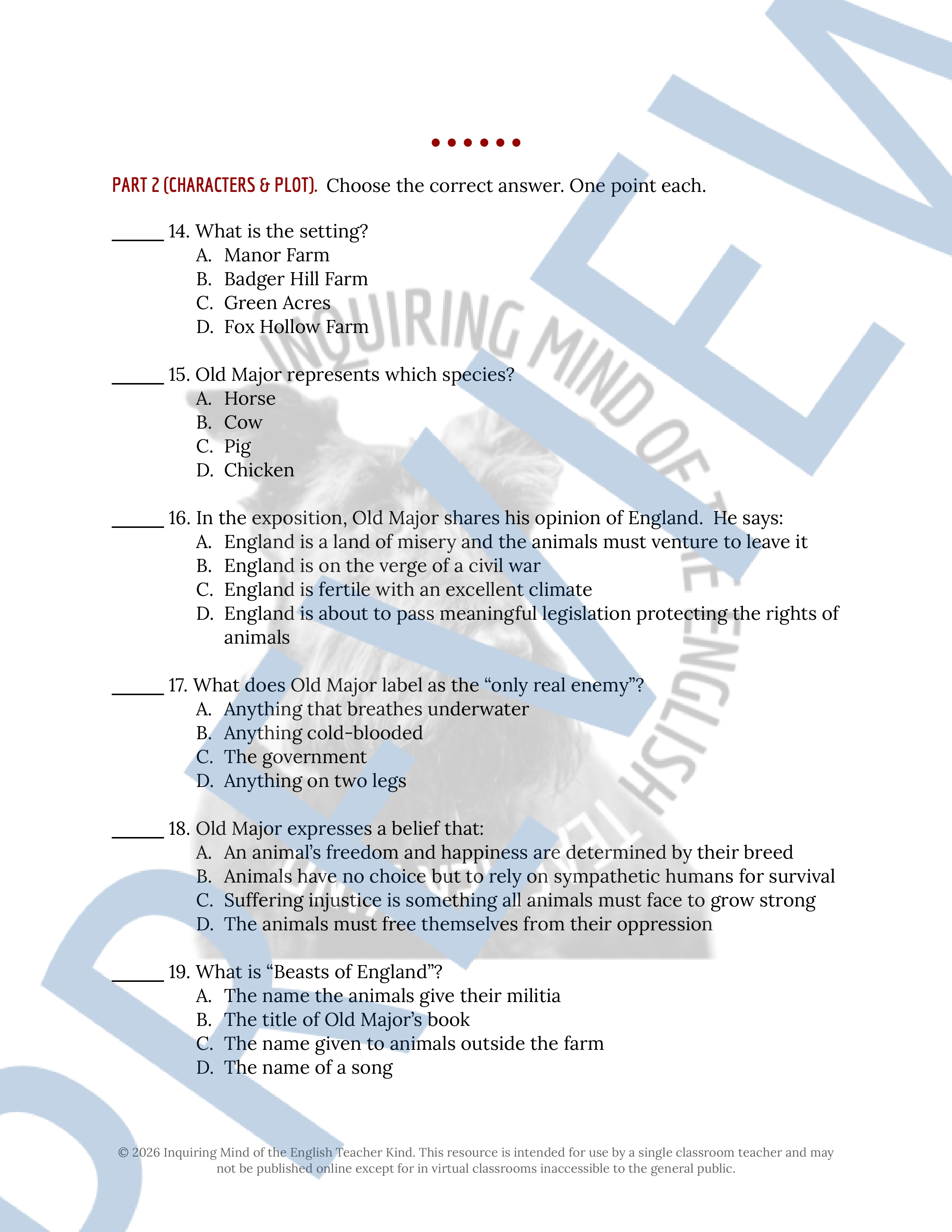 Animal Farm Test and Answer Key with Study Guide and Essay Rubric ...