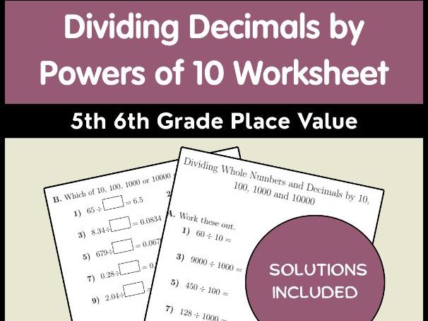 Dividing Decimals by Powers of 10 Worksheet | 5th 6th Grade Place Value