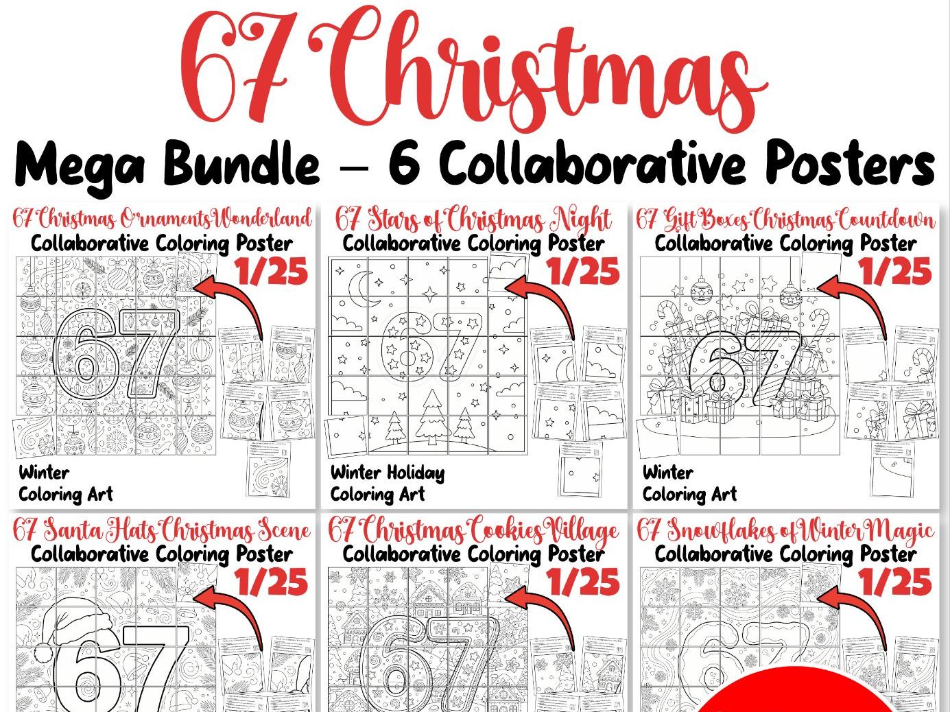 67 Christmas Mega Bundle – 6 Collaborative Posters | Winter Holiday Coloring Set