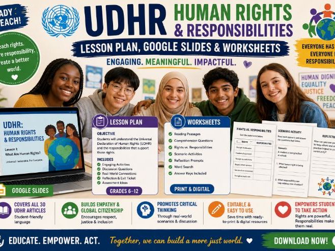 UDHR Human Rights and Responsibilities Lesson Plan, Google Slides & worksheets