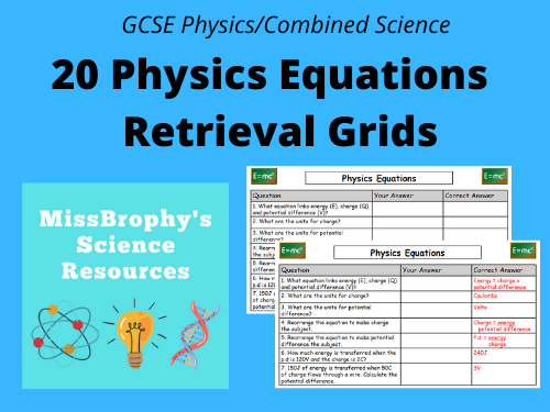 GCSE Physics Equations Recall and Retrieval Grids