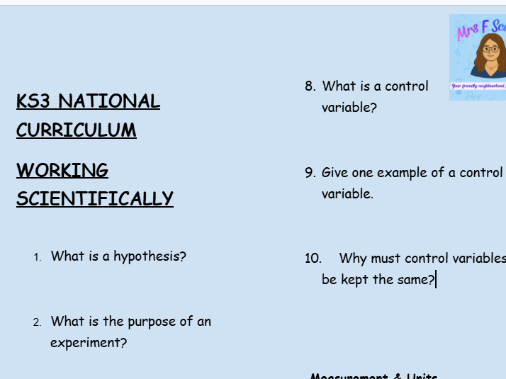 KS3 Science Retrieval Practice – Working Scientifically (30 Questions + Answers)