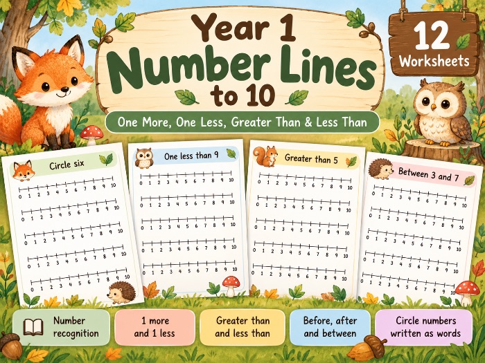 Year 1 Number Lines to 10 | One More, One Less, Greater Than & Less Than | Woodland Maths Worksheets